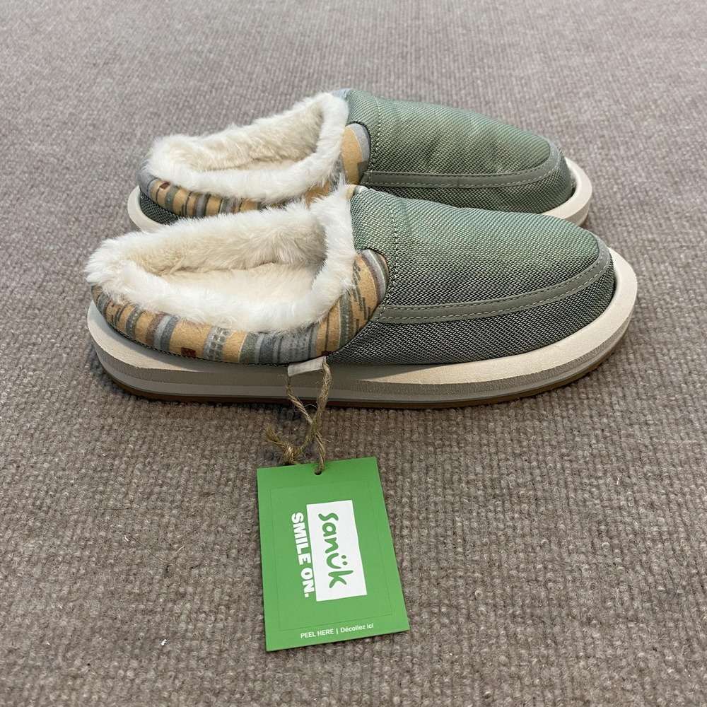 Sanuk‎ Donna Cozy Slippers Womens Size 6 Green Fur Lined Slip On 1169750 SGSS